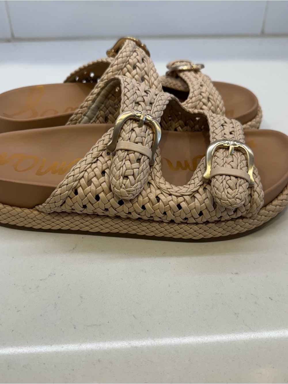 Sam Edelman Reid Woven Double Buckle Platform Slide Sandals Beige Size 8 - Picture 2 of 13